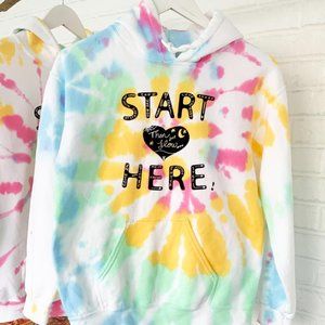 Start Here-White Rainbow Tie Dye Fleece Hoodie